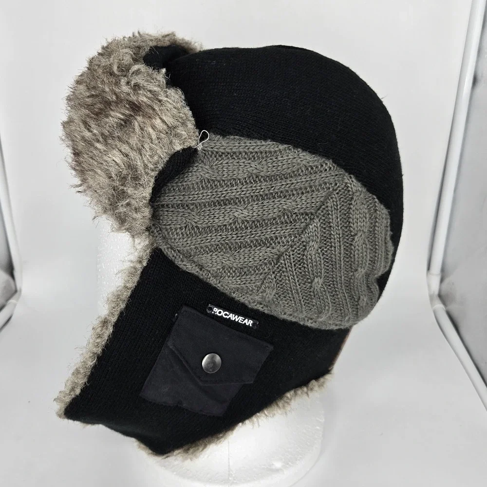 Vtg Rocawear Trapper Hat Faux Fur Ushanka Y2K‎ Cyber Goth Streetwear Black Gray